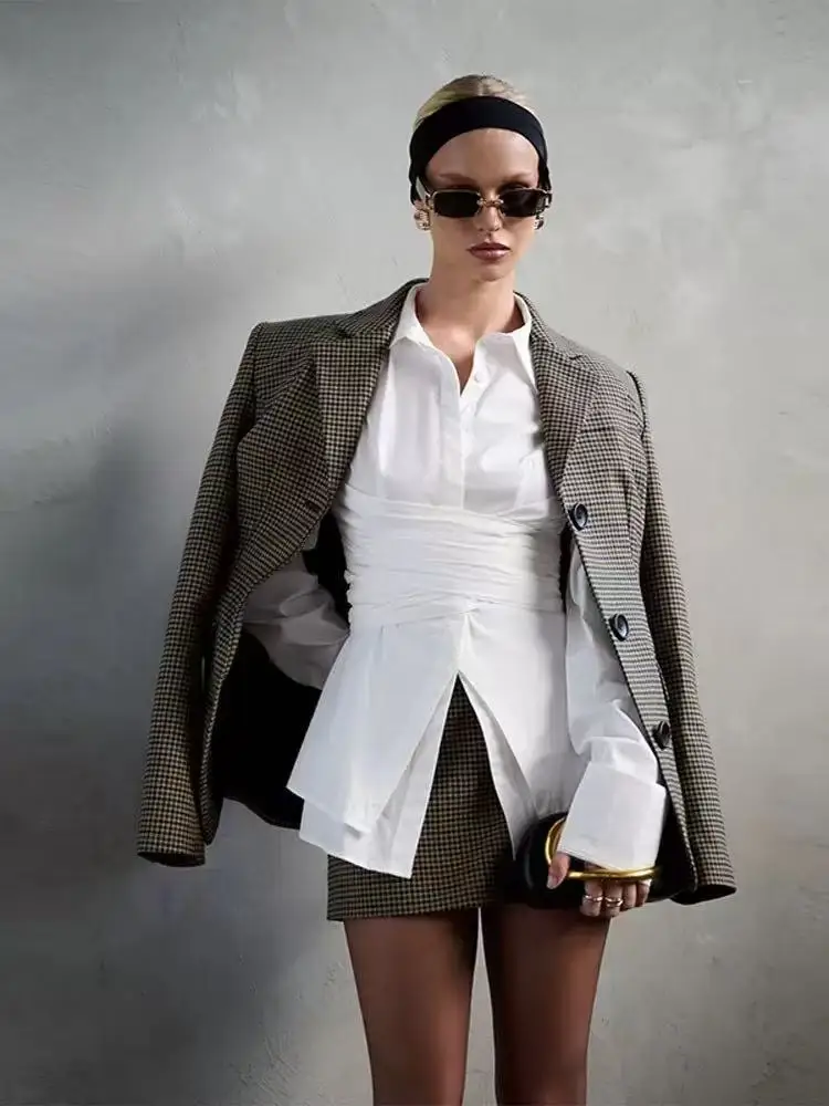 

2025 Autumn Waist Up White Shirt Pleat Lapel Long Sleeve Button Blouses Top Women Spring Summer Elegant Lady High Street Outwear