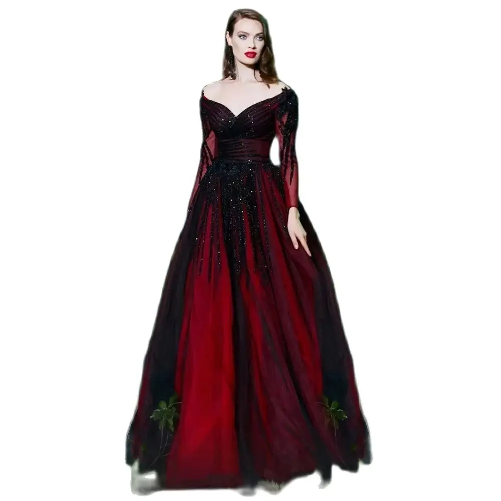 

Elegant Retro Wine Red Evening Dresses Muslim Luxury V Neck Long Sleeve Beaded Empire Formal Gowns For Women Wedding Party 2023