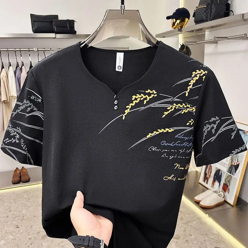 Men's V Neck Short Sleeve T Shirt with Wheat Print Casual Summer Tee Breathable Cotton Blend Top for Daily Wear