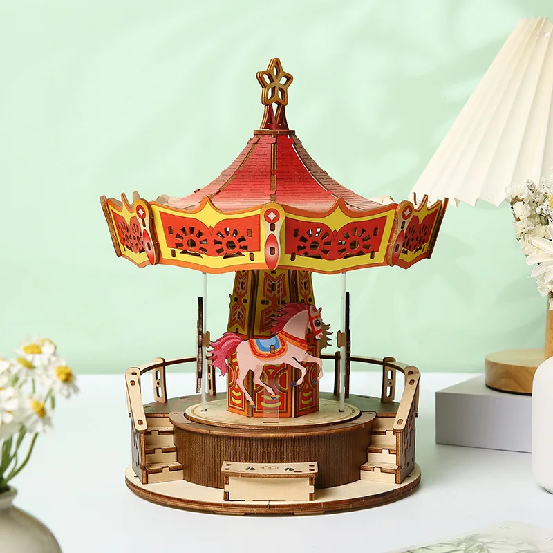 New Colorful Music Carousel Wooden Puzzle - Kids Educational DIY Toy & Desktop Ornament for Creative Building & Home Decor