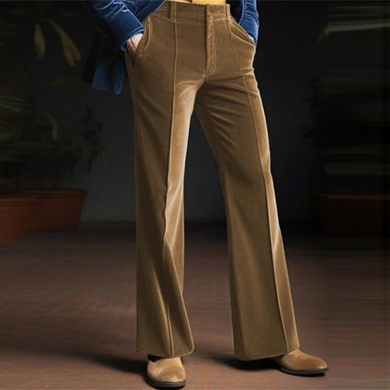 Casual Slim Fit Mens Velvet Trousers 2025 Spring Fall Fashion Solid Color Wide Leg Flared Pants Men Vintage Mid Waist Trousers