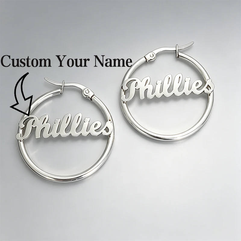 Stainless Steel Personalized Name Hoop Stud Earrings Woman Girls Circle Nameplate Customized Earring Jewelry Statement Gift