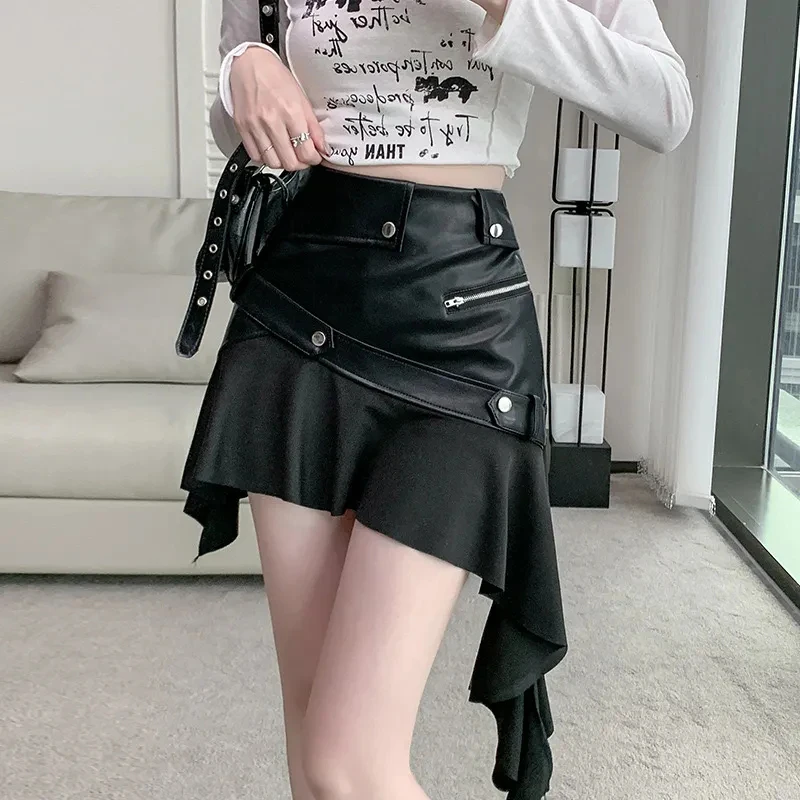 Irregular Ruffles Mini Skirt Women Vintage Streetwear Pu Leather Patchwork Skirts High Waist A Line Zipper Y2K Hottie Sexy Skirt