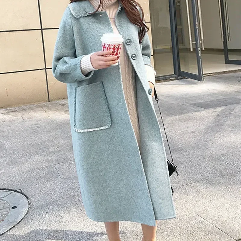 Haze blue double-sided cashmere coat women's medium and long loose small wool woolen coat