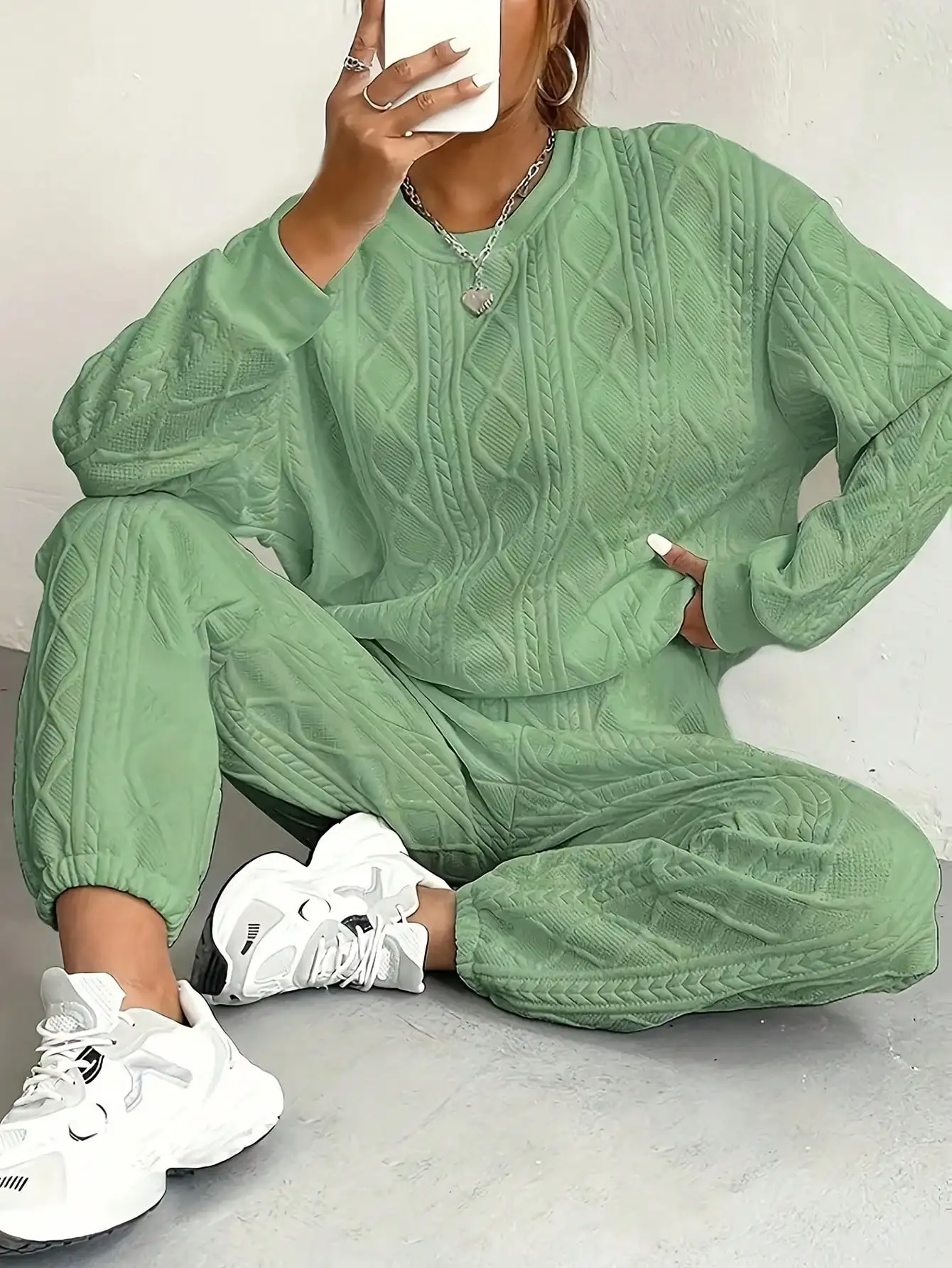 여성용 핑크 텍스처 니트 라운지 세트, 오버사이즈 긴팔 상의 & 조거 팬츠, 캐주얼하고 아늑한 의상