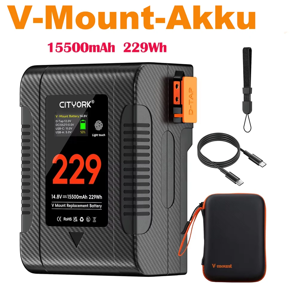 V-Mount Akku BP-229 V-Mount V-Lock Tragbarer Akku mit PD 65W Ladeanschluss für Sony Camcorder Kamera Videoleuchte Blackmagic BP-98 BP-95 Ersatz V-Lock Akkumulator Batterien für R5C BMPCC 6K Pro 4K 60P