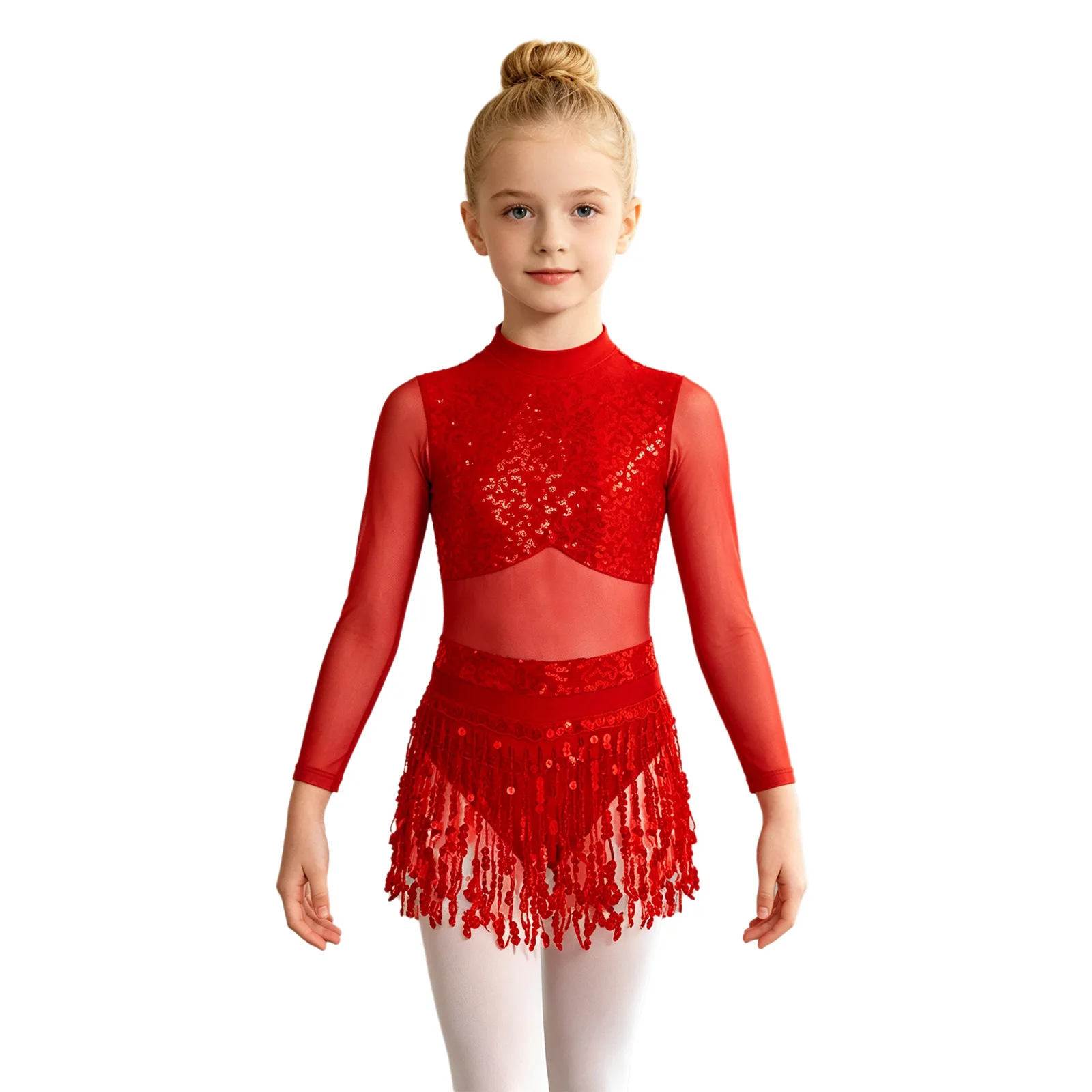 Kid Girls Tassel Jazz Latin Dance Dress Tango Rumba Ballroom Costume Mesh Long Sleeve Shiny Sequin Figure Skating Ballet Leotard