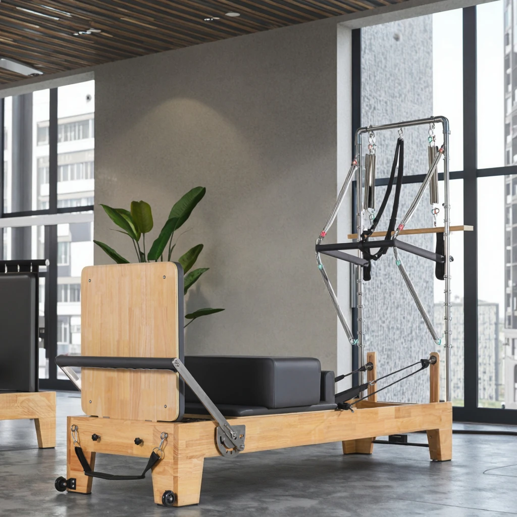 Reformer Pilates Holz gepolstertes Kern-Trainingsbett Pilates-Reformer-Bett mit halbem Trapezturm für Yoga Club Sale Reformer-Bett