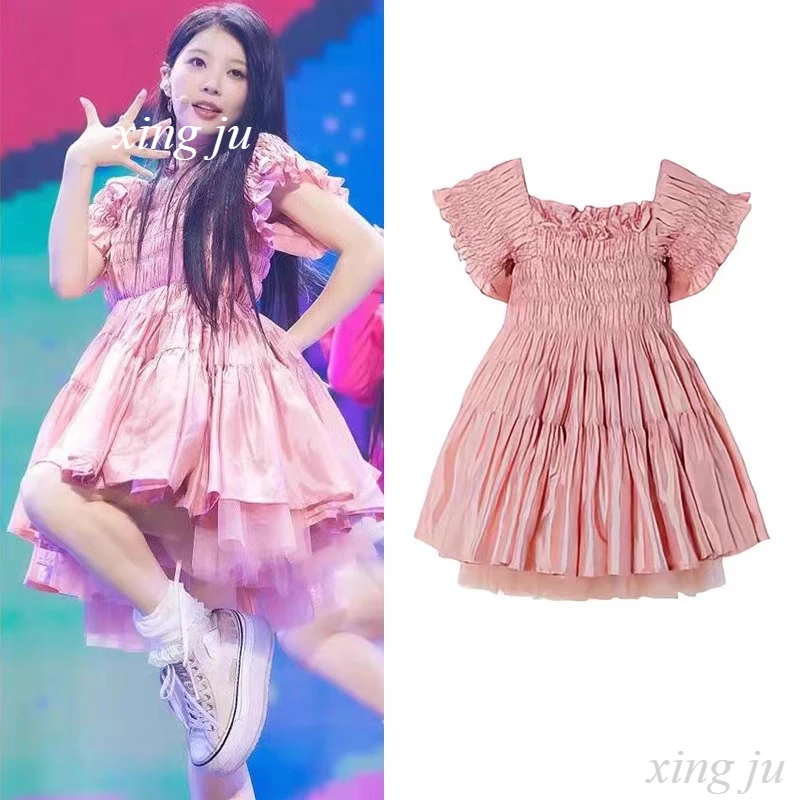 

Женское плиссированное платье для группы певиц Kpop, розовое плиссированное платье с квадратным вырезом, женский костюм танцовщицы джаза, сценическое представление, темпераментные платья принцессы