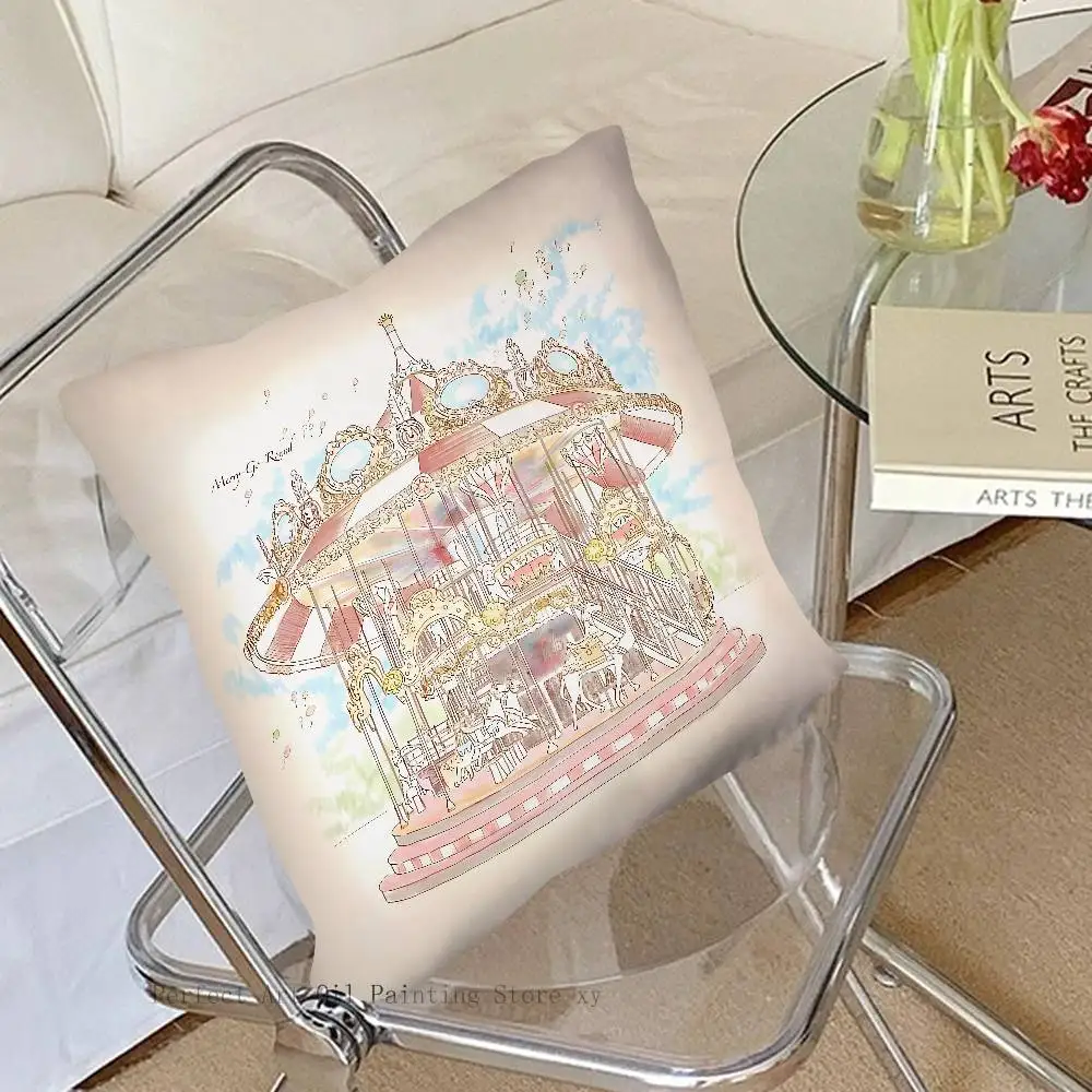 Pastel Circus Carousel Castle Pillow Case Fashion Square Pillowcase Bedroom Sofa Room Ins Decoration Leisure