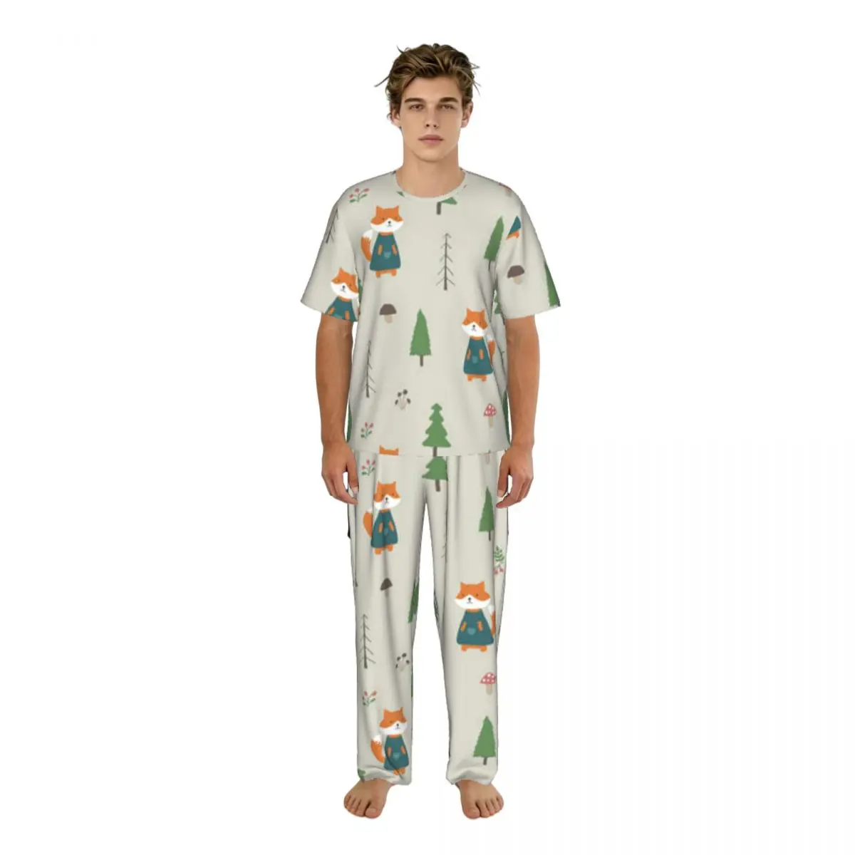 Sleepwear Summer Spring Home Clothes Cute Fox In Forest Background Short Sleeve Long Pant Nightwear