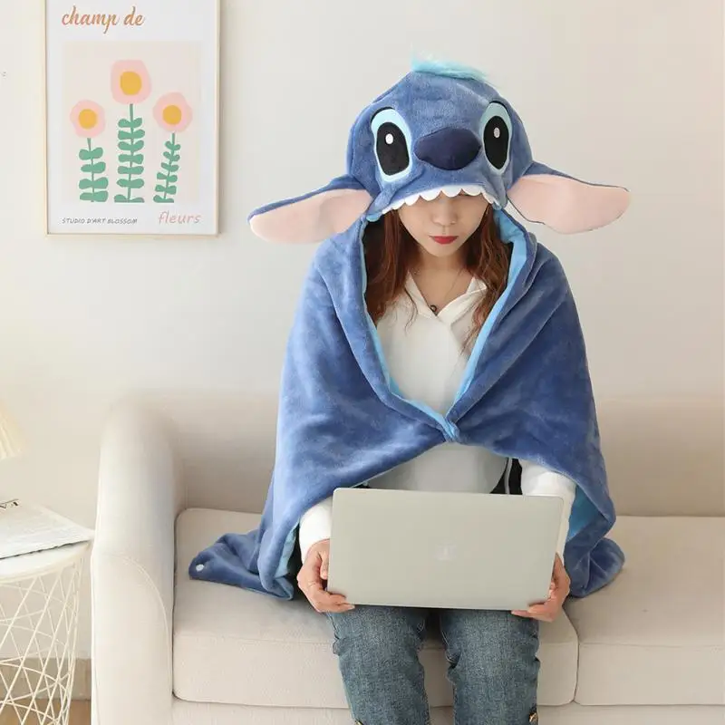 Stitch Cartoon Lazy Hooded Cloak Blanket  Shawl Thickened Warm Napping Cloak Air Conditioning Blanket Travel Autumn And Winter