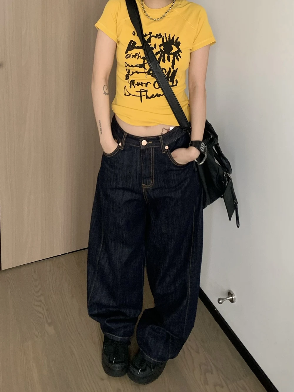 

Синие джинсы с высокой талией и широкими штанинами, женские свободные брюки длиной до пола, универсальные длинные джинсы Oiiokk Silhouette с отделкой