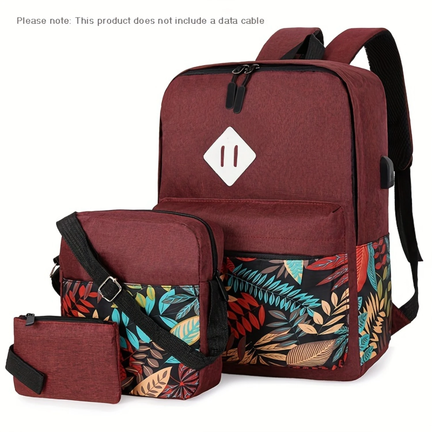 Classic Leaves Pattern Backpack Set, Large Capacity Travel Backpack with Shoulder Bag & Clutch Pouch