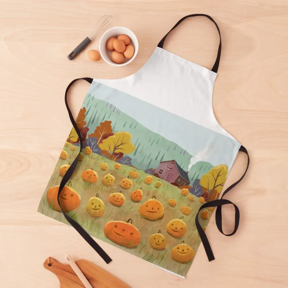 Happy Pumpkin Field - Halloween Illustration Apron Kitchen Things And For Home Woman Work Apron