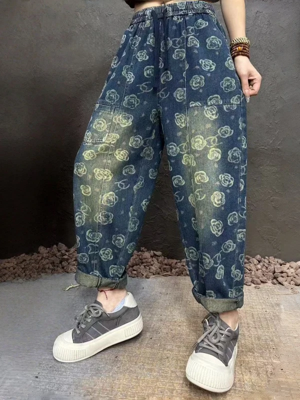 Lente 2026 Casual Harajuku Sle Loose Fit Gedrukt Denim Rechte Pijpen Broek Dames Afslankende Elastische L Taille Jeans