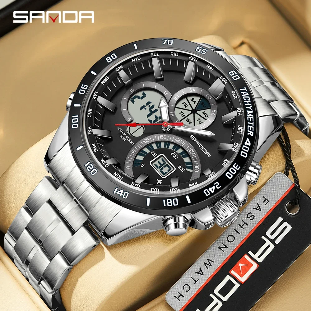 

SANDA Brand 3175 Men's Electronic Quartz Watch Steel Core Black Technology Multi functional Waterproof Men's Quartz Watch