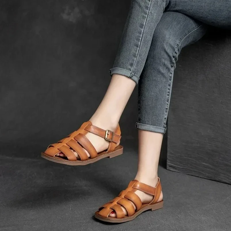 

2025 New Women Sandals Real Leather Summer Shoes Women Roman Fashion Daily Vacation Female Footwear Size