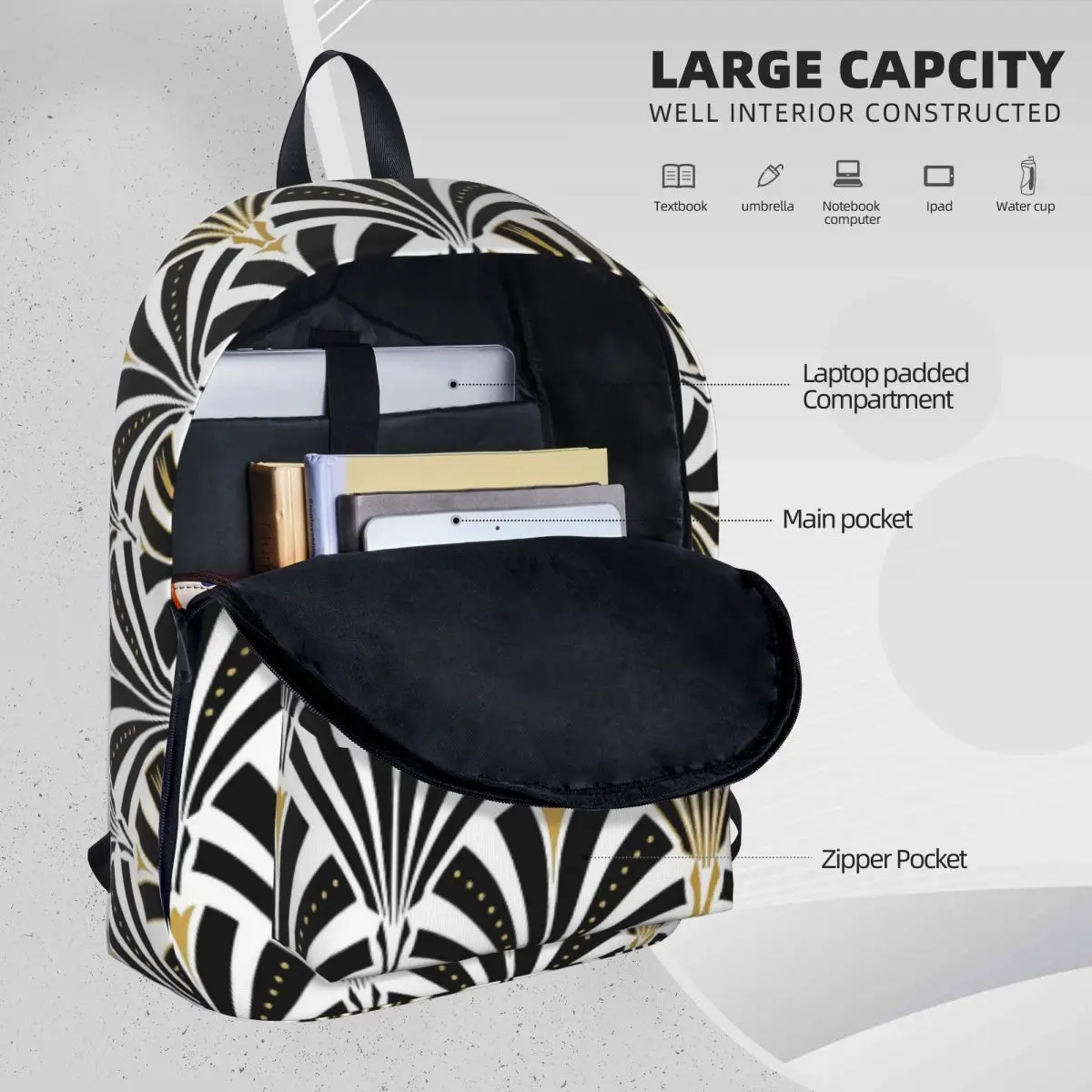 Art Deco Fan Patroon Rugzakken Grote Capaciteit Studentenboekentas Schoudertas Laptop Rugzak Casual Kinderen Schooltas