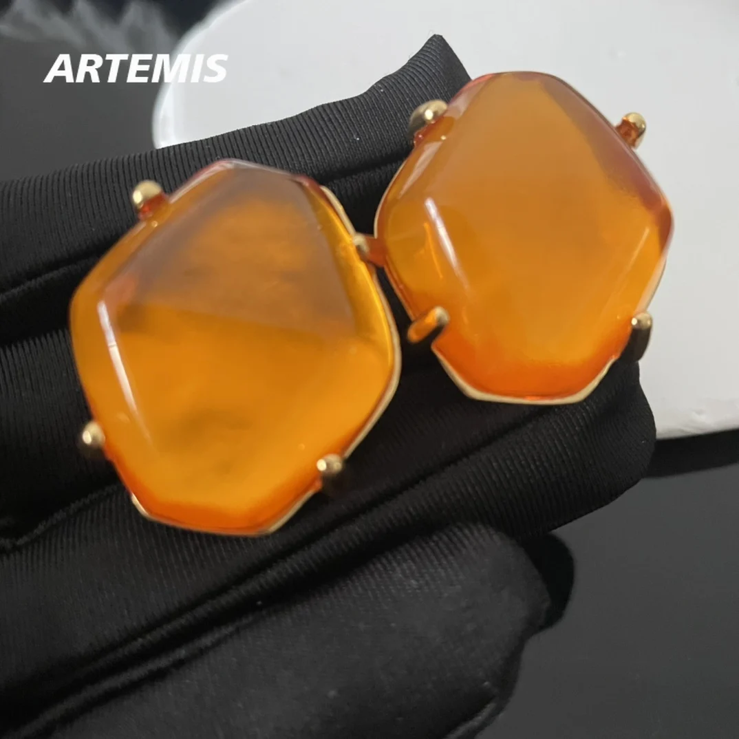 

Vintage Designer Brand Glass Orange Gemstone Ear Clip Luxury Jewelry Geometric Top Quality Earrings Woman