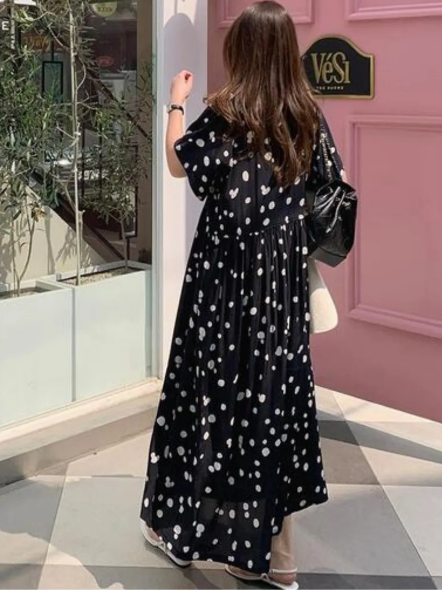 Chic Summer Vintage Anti-età rotondo Ne Loose Casual Splicing Pieghettato Colore Blo Polka Dot Or Sve Dr Donna