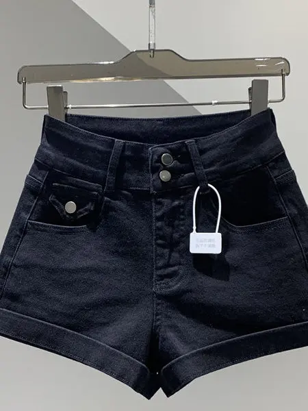 High Waist Double Buckle Khaki Denim Shorts Women's Summer New Slimming Versatile Cuffed Wide Leg A-Line Wrap Hot Pants