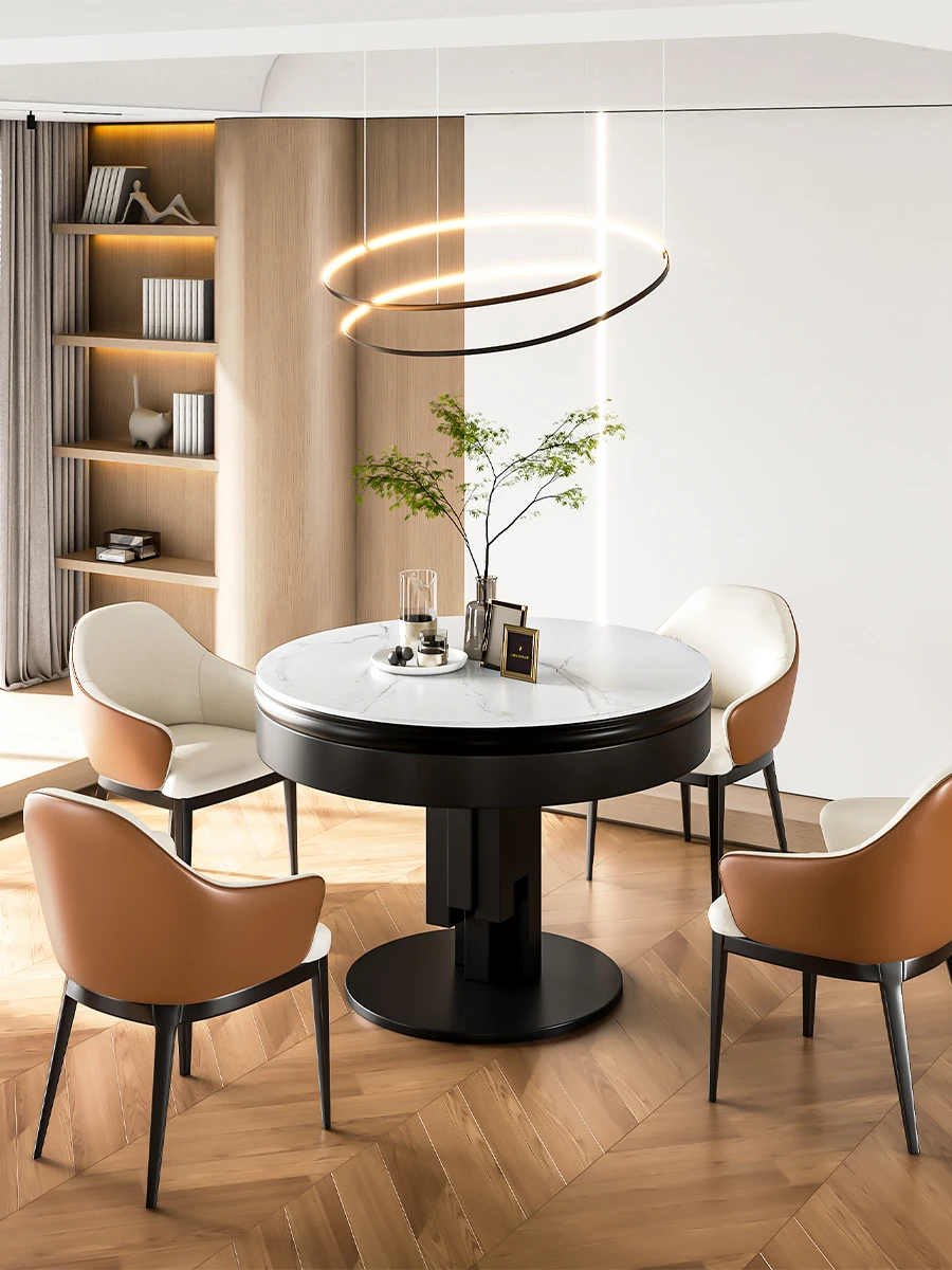 Modern simple slate dining table saves space, small-sized rotating telescopic round table is light and luxurious to fold.