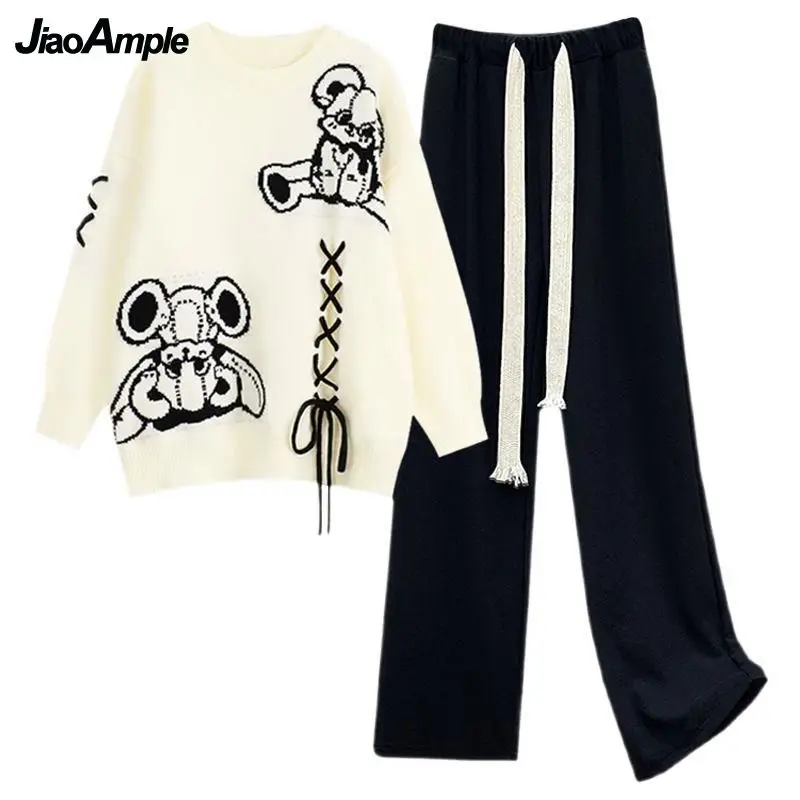 2023 Autumn/Winter New in Matching Set Women's Loose O-Neck Knit Sweater Wide Leg Pants Two Piece Korean Elegant Tracksuit Suit