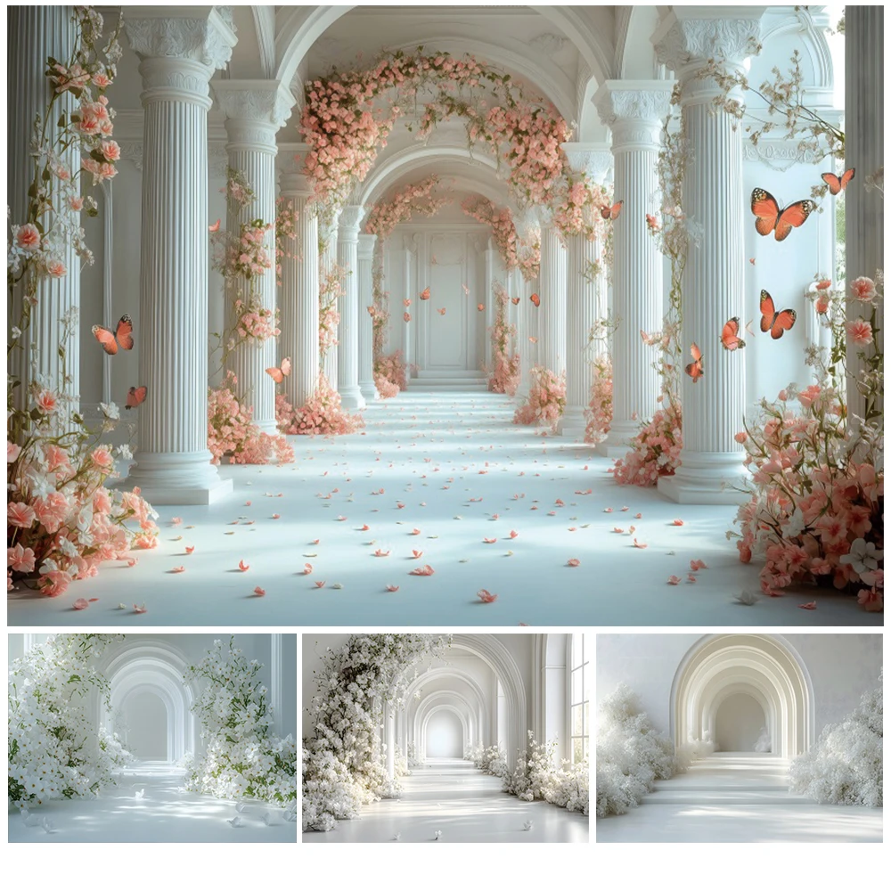 

Wedding Backdrop For Photography White Palace Floral Pink Butterfly Petals Bridal Shower Maternity Art Portrait Photo Background