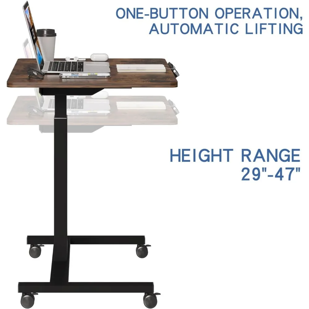 Adjustable Height Electric Desk, 32x24 Inch Sit-Stand Desk with Locking Wheels and Overbed Laptop Table Feature