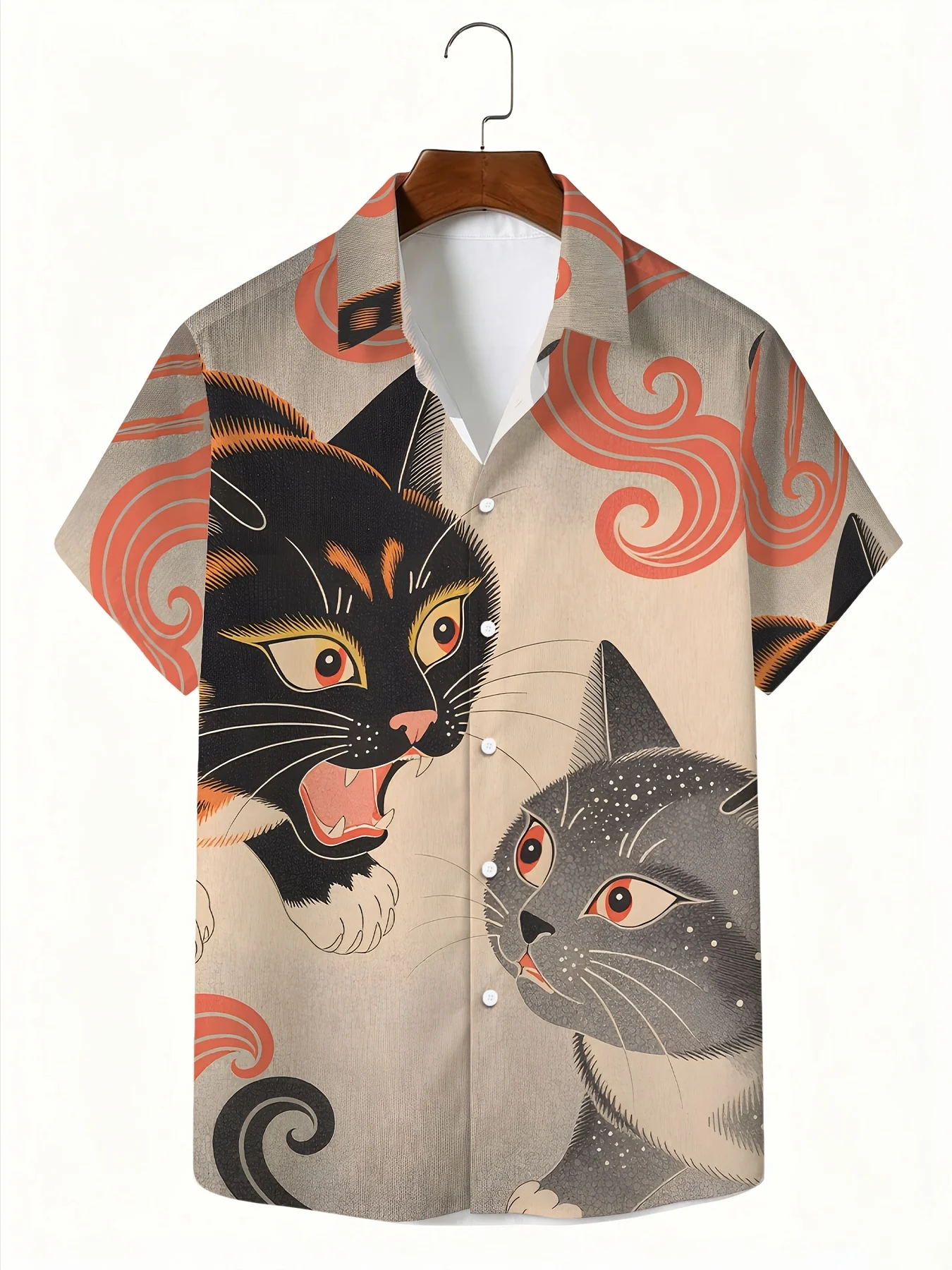 Men Short Sleeve Button Down Shirt Japanese Ukiyo‑e Cat Wave Print Polyester Casual Beach Holiday Blouse