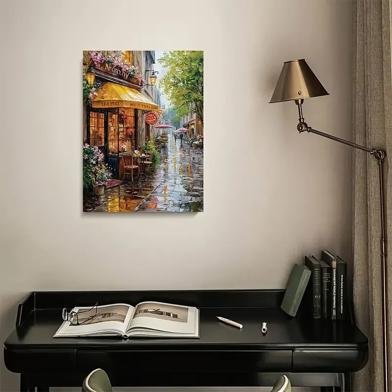 1pc Large Unframed Paint by Numbers Kit for Adults - Parisian Rainy Street Scenery with Eiffel Tower, 11.8x15.7 Inch French Café