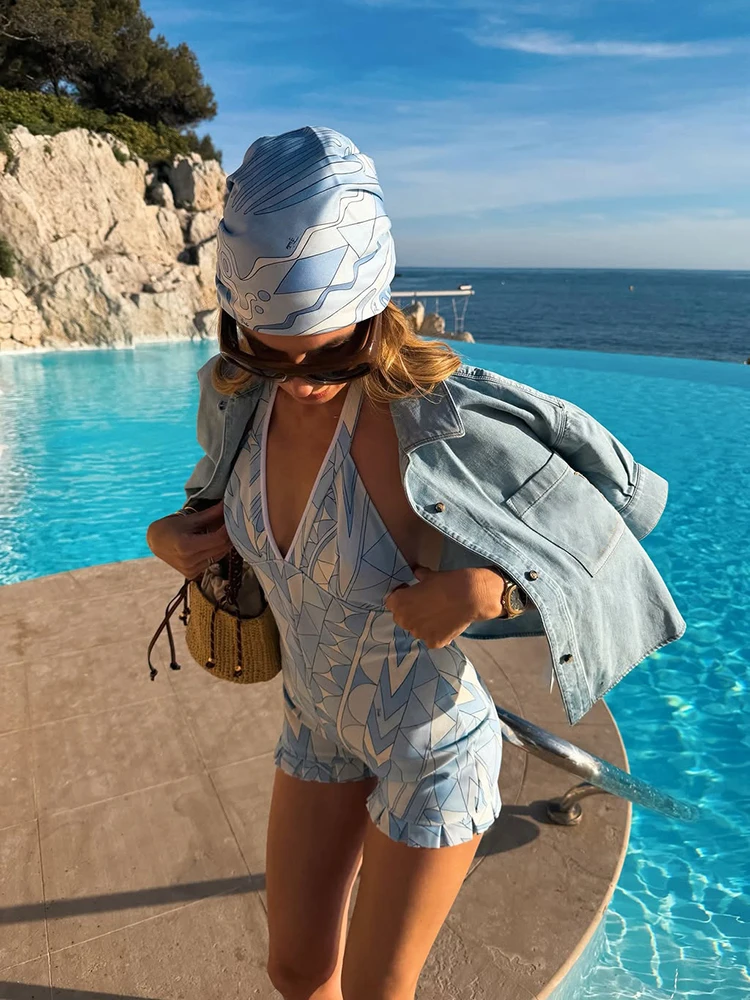 Holiday Geometric Print Halter Women's Bodysuit Ruffle Hem Backless Sleeveless Slim Romper 2026 Summer Beach Short Playsuit
