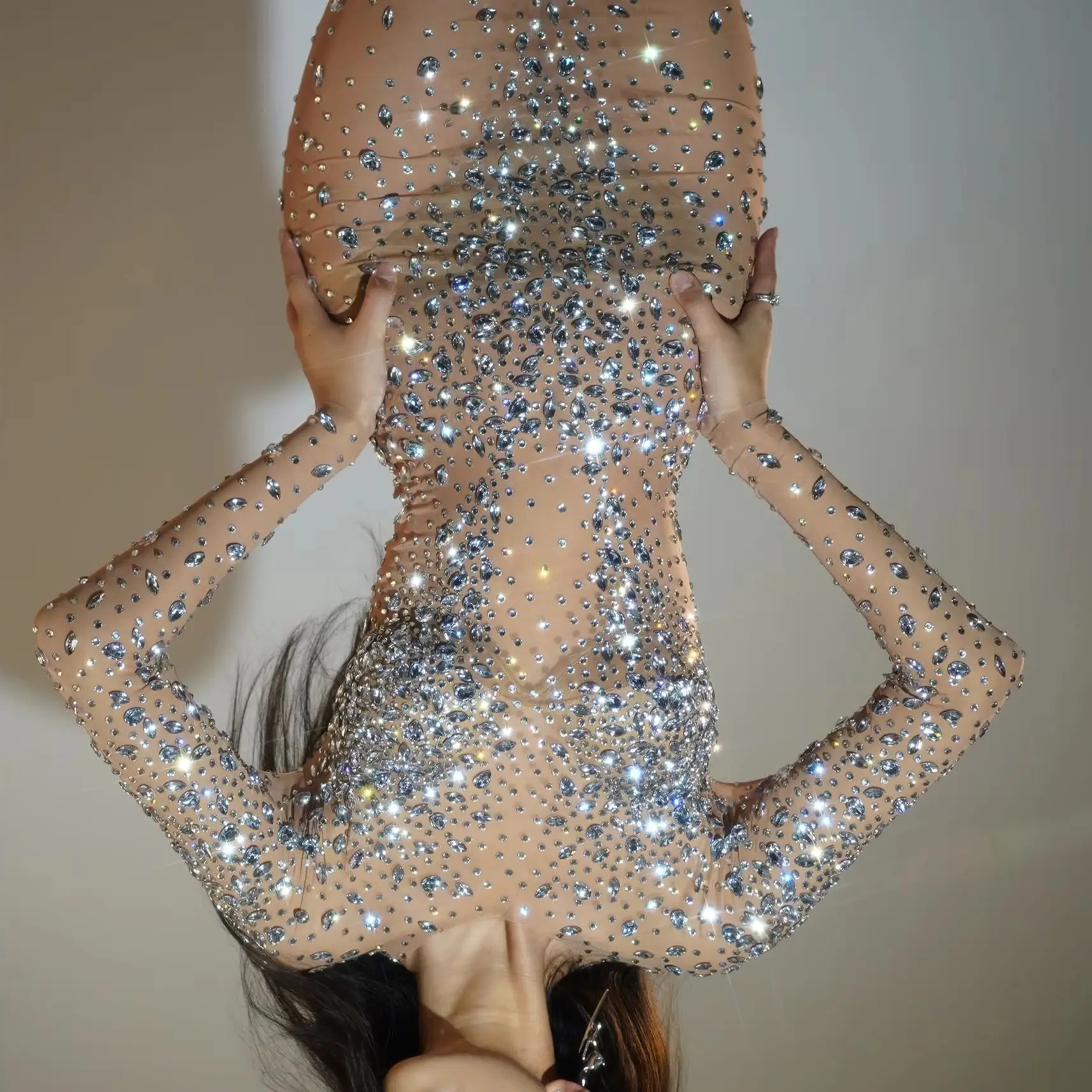 

Rhinestone Stretch Mesh Transparent Long Dress Women Evening Birthday Party Prom Nightclub Singer Stage Wear
