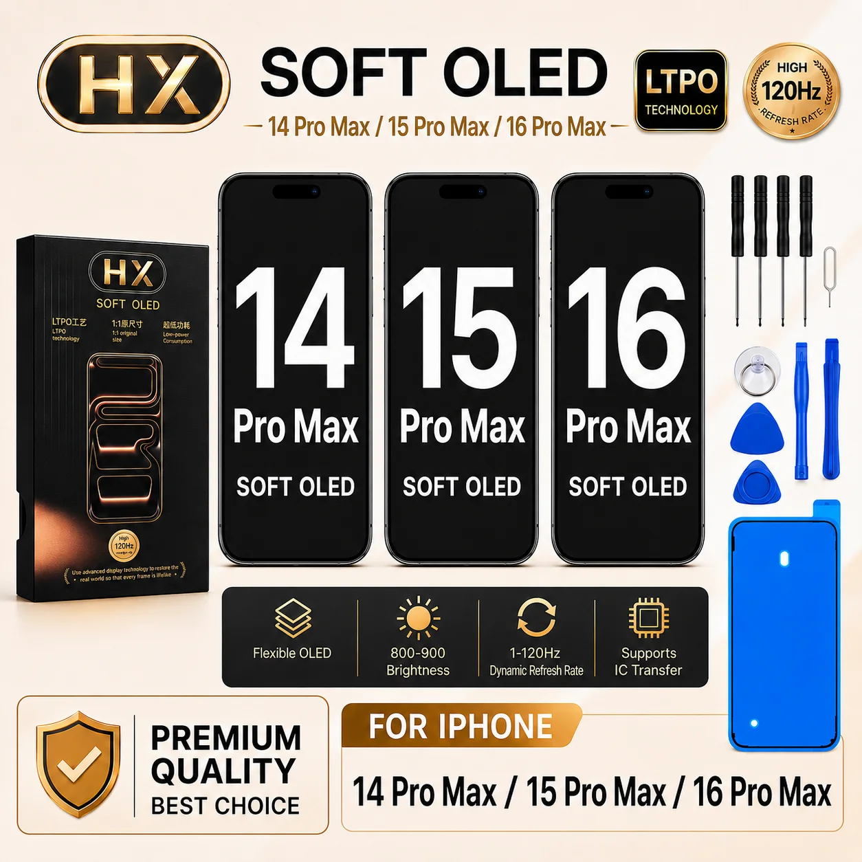 

HX Soft OLED Display For 14 15 16 Pro Max 1-120Hz Refresh LTPO Screen Assembly Touch Digitizer IC Tested