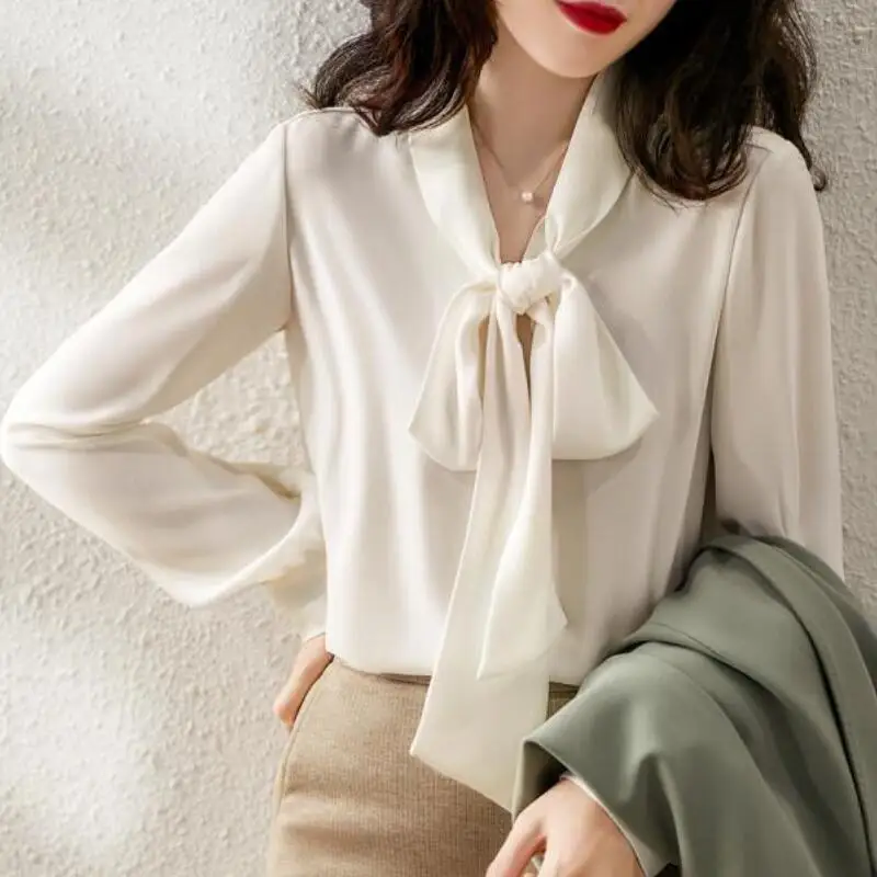 

Women's Work Blouse Spring Summer High Quality Polyester for Women with Ribbon Elegant and Chic Casual Long Sleeve Shirt