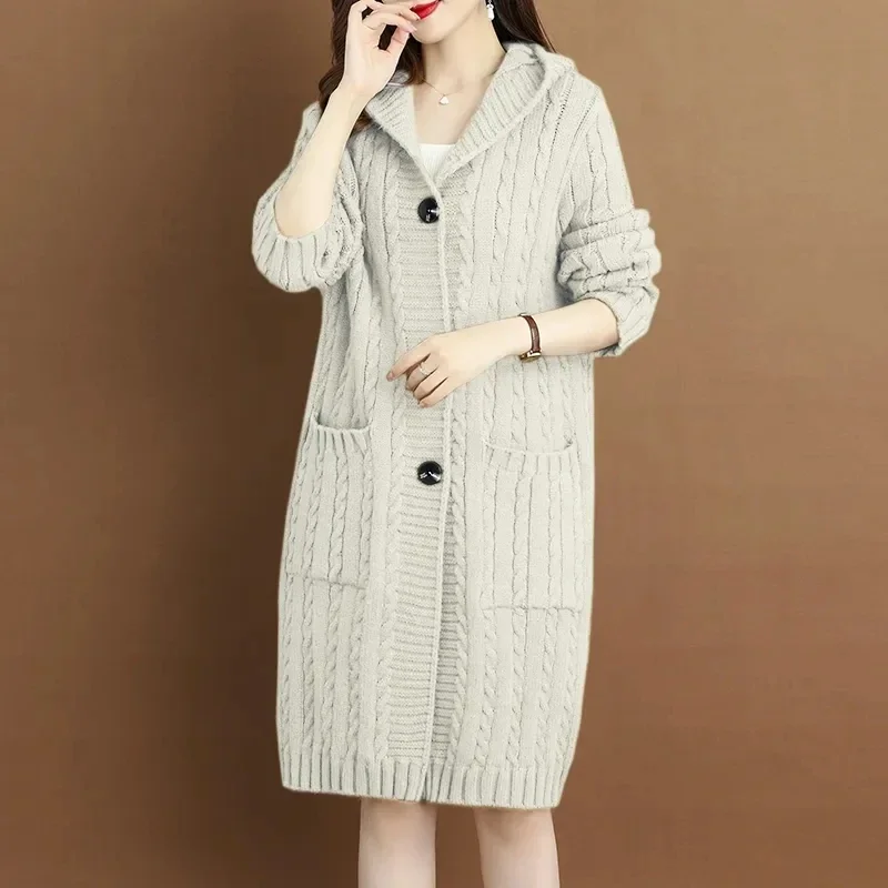 Autumn Winter Mom's New Woolen Coat Women's Long sleeved Cardigan Hooded Thickened Over Hip Loose Medium Length Sweater Beige