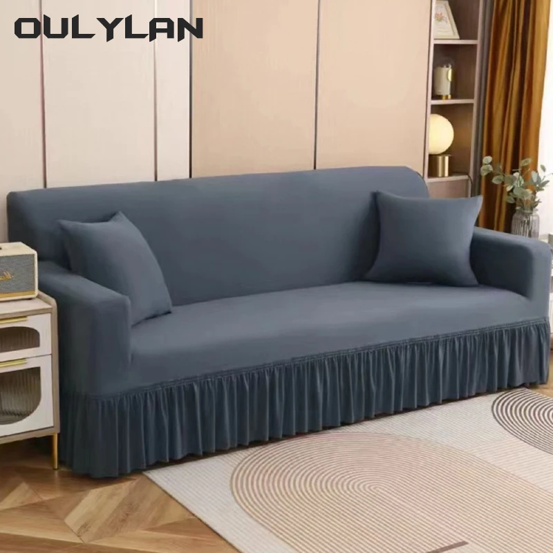 

Oulylan Elastic Solid Color Sofa Cover With Skirt Waterproof Jacquard Sofa Protective Cover for Living Room 1/2/3/4 Seater