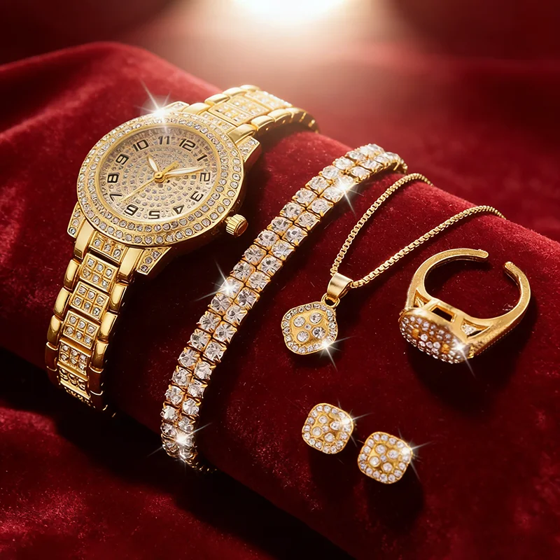 

2 шт./компл. Роскошные женские золотые часы, модные кварцевые часы с бриллиантами, элегантные женские наручные часы с браслетом, набор из 2 часов