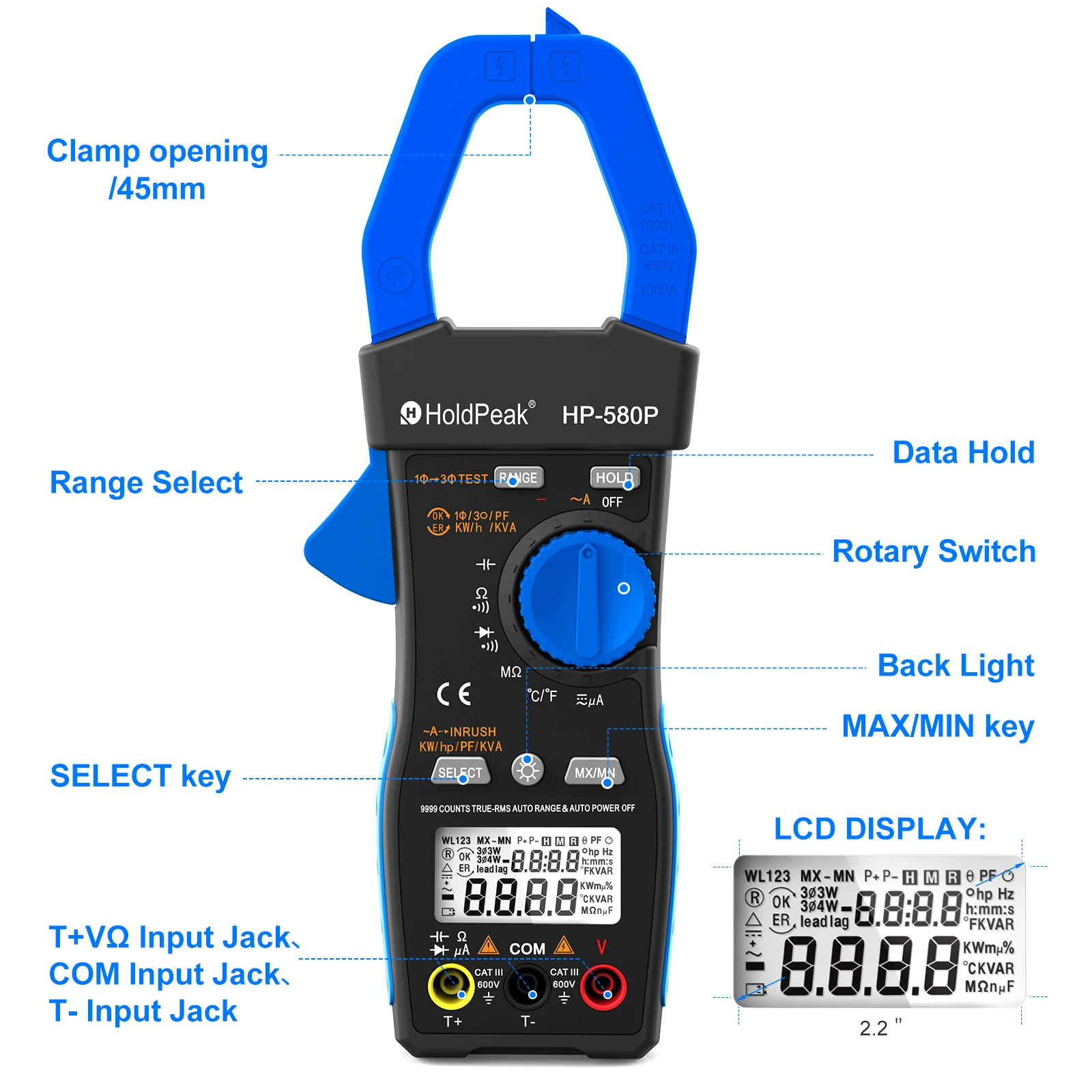 Holdpeak trifásico braçadeira medidor de energia, multímetro, corrente In-Rush, True RMS,ACV, CA, KW,KVA, HVAC, HoldPEAK, HP-580P, 9999 contagens