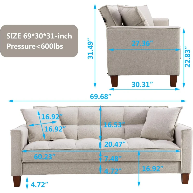 Linen Sofas Couchs for Living Room Grid Tufted Loveseat Sofa Padded 2 Seater Bedroom Couch Soft Comfy Sofa Bed for Smal