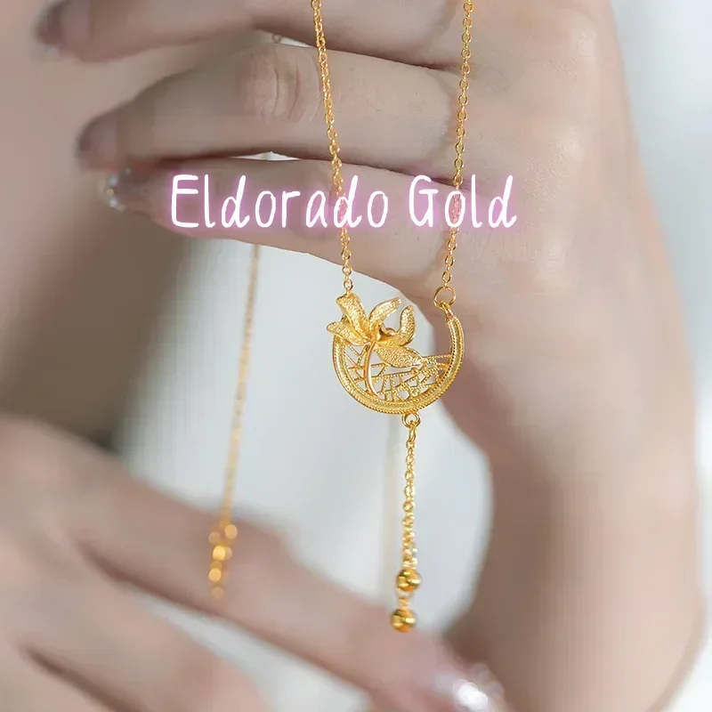 Eldorado Gold  9999 Real Gold 24K Women's Gold Premium Lotus Necklace Niche Ancient Lotus Retro Flower Clavicle Chain