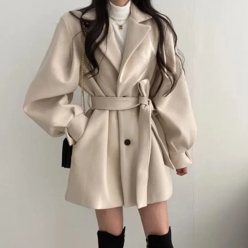 

Women New Chic Single Breasted Blends Coats with Sashes Autumn Winter Turn Collar Warm Solid Colors Coats Warm Jackets Outwears