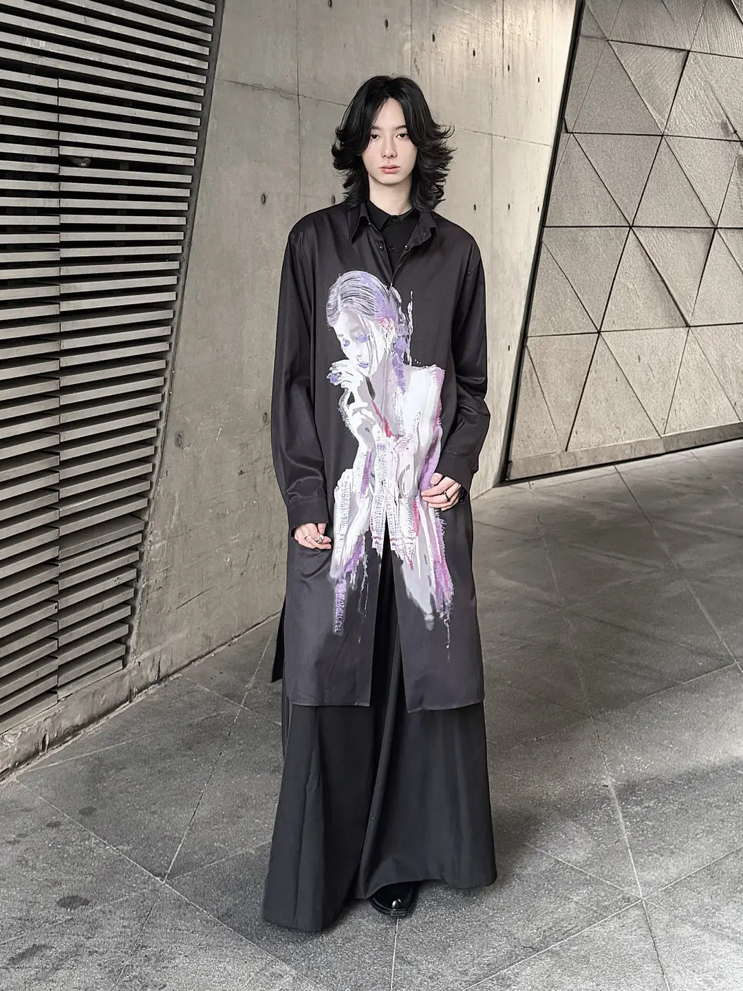 

YAMAMOTO-Style Shirt 2026 HighQuality Clothing Riginal Design Portrait Print Shirt, Mid-length, Artistic style, Loose fit,Tops