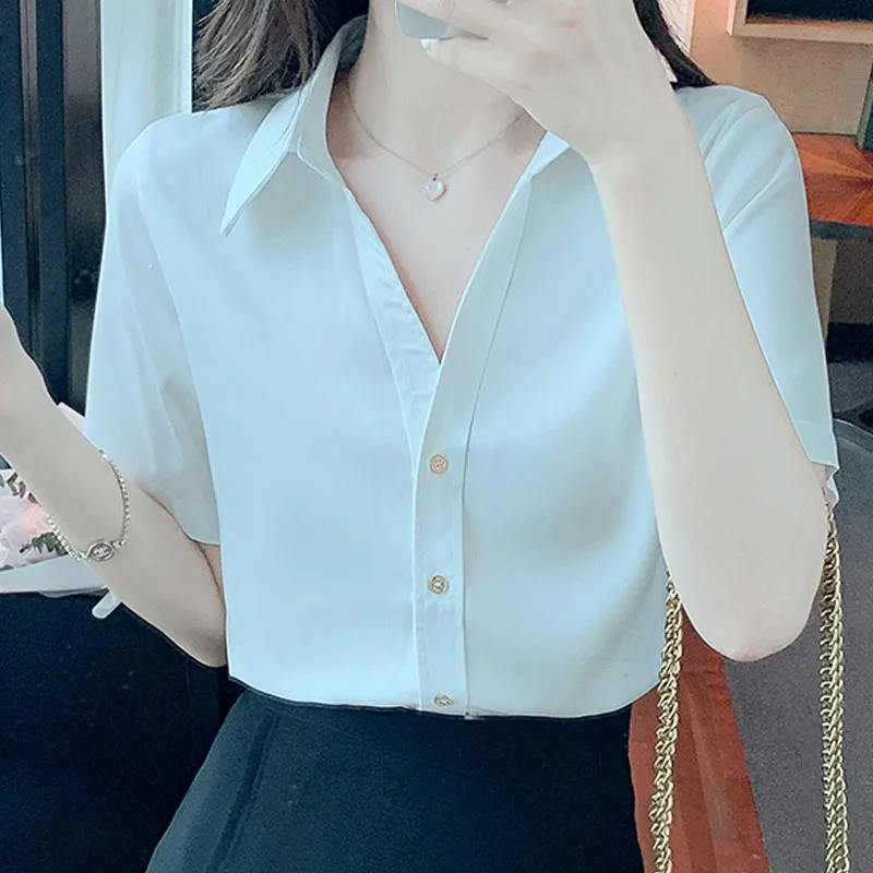 2022 Summer Satin Blouse Women Clothing Office V-neck Short Sleeve Chiffon White Tops Ladies Button Up Shirts Blusa Femme 2888