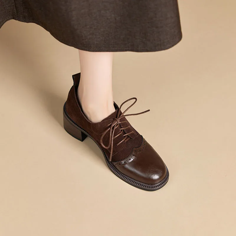 البقرة المدبوغ أحذية نسائية الفم العميق الدانتيل متابعة المرقعة سيدة مضخات جولة تو حجم كبير الكعب المتوسط Phoentin FT4264 #3