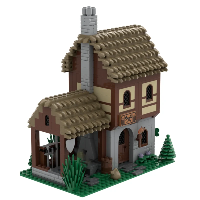 ปราสาทยุคกลางรุ่น Moc Building Blocks Blacksmith's House รุ่นเทคโนโลยีอิฐ DIY ประกอบของเล่นก่อสร้างวันหยุดของขวัญ