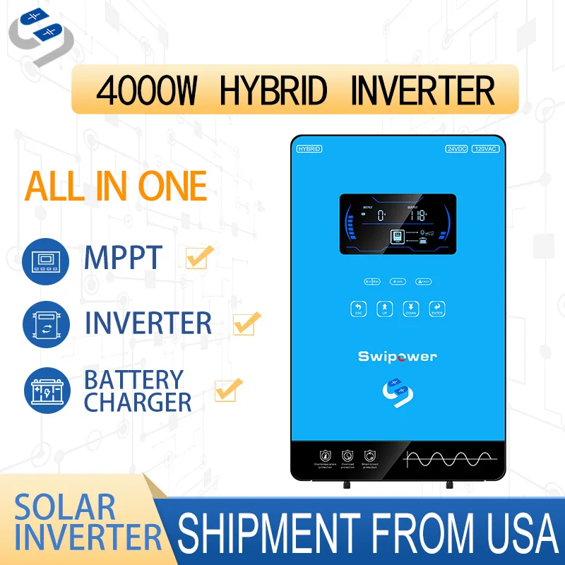 CNSWIPOWER 4500VA Hybrid Solar Inverter 24v 4000W 24VDC to 120VAC MPPT Solar Charger BMS System Battery Pure Sine Wave