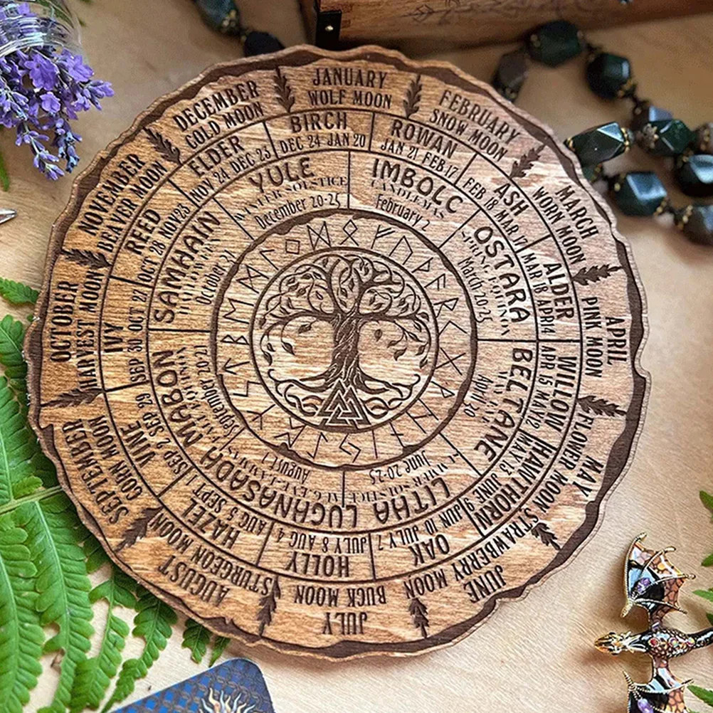 Wooden Calendar Wheel of The Year Perpetual Round Tree Handmade Boxwood Ornament Table