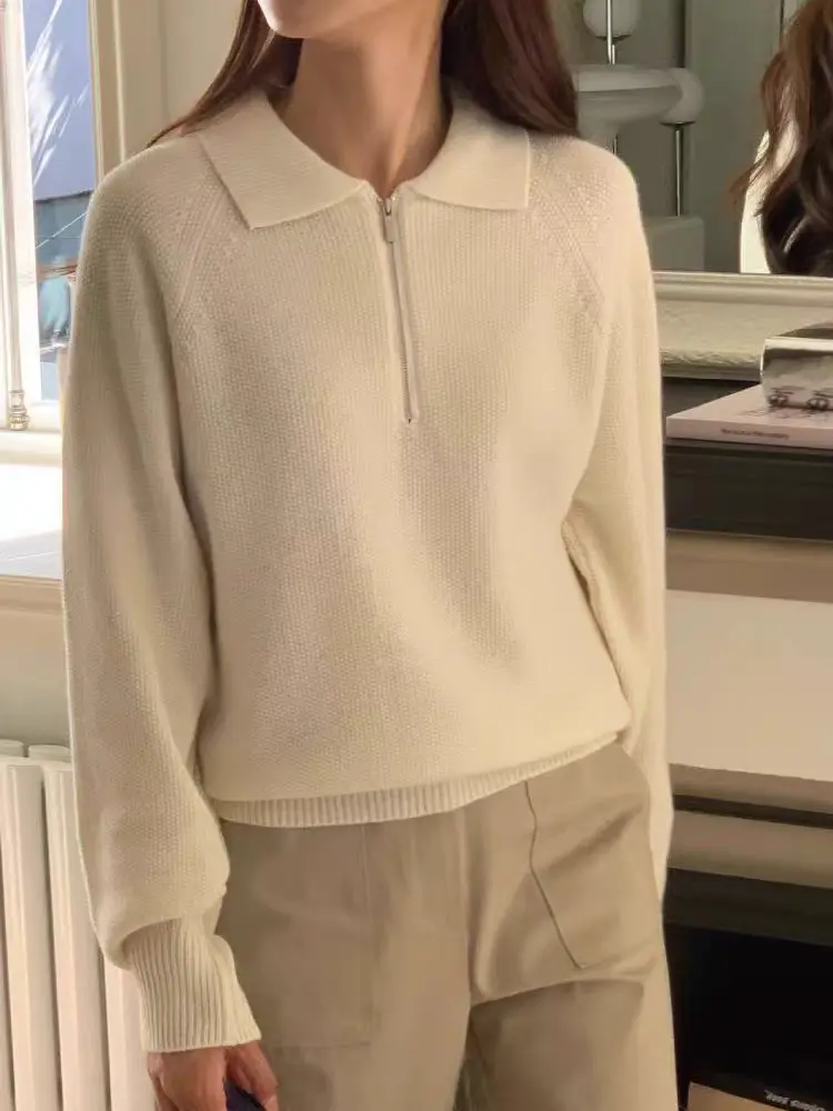 European goods POLO lapel 100% pure wool sweater women's half zipper long-sleeved loose knitted undershirt sweater